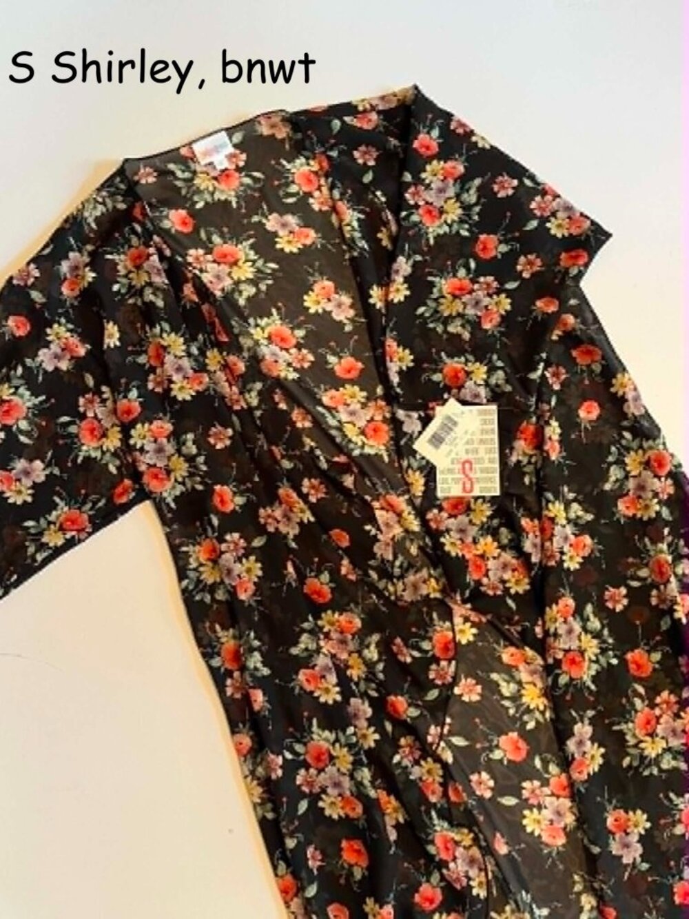 Small Lularoe Shirley kimono cover up, black with flowers, sheer
